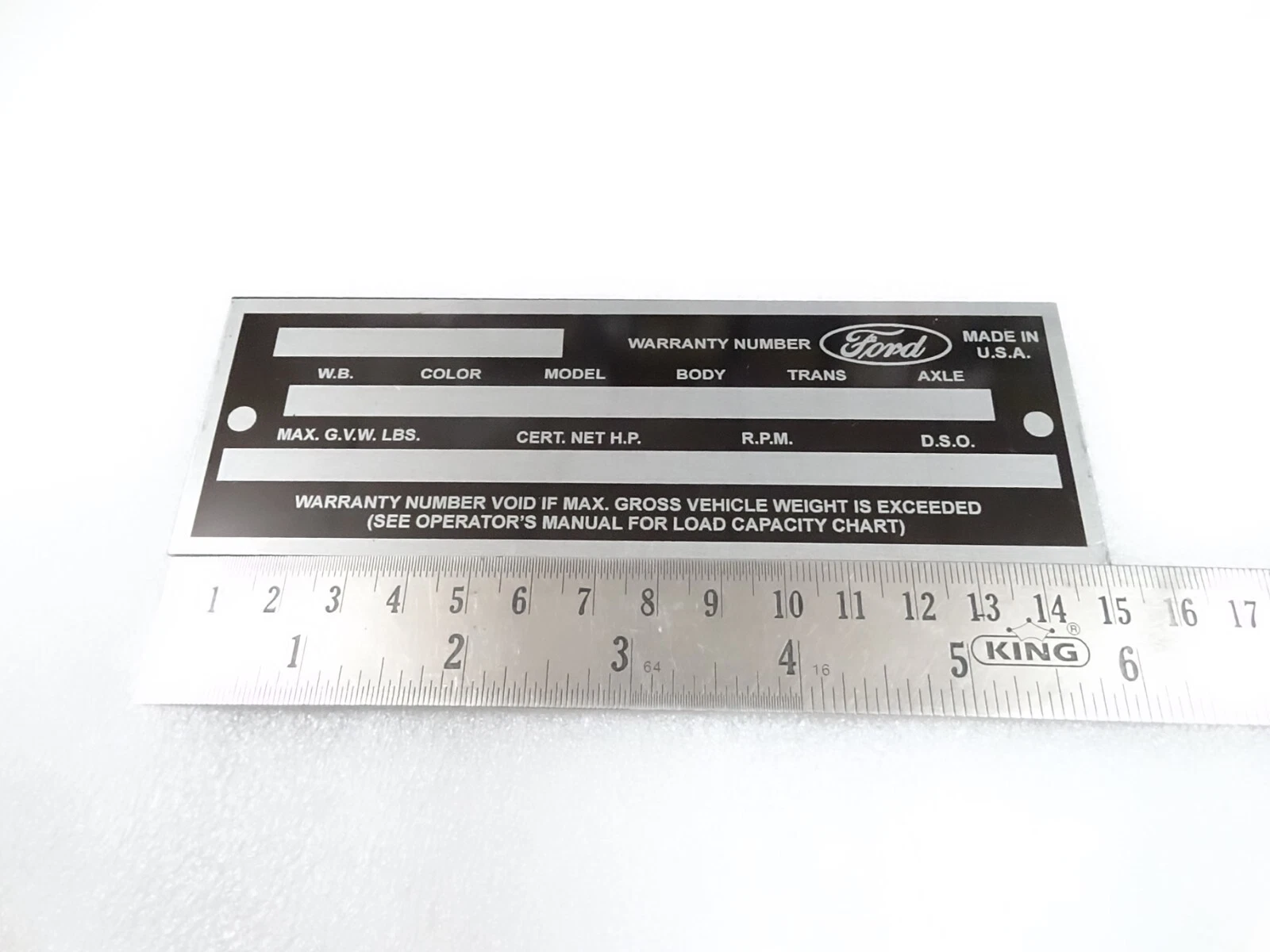 DATA PLATE FOR VINTAGE FORD TRUCK 1960'S #V277-8