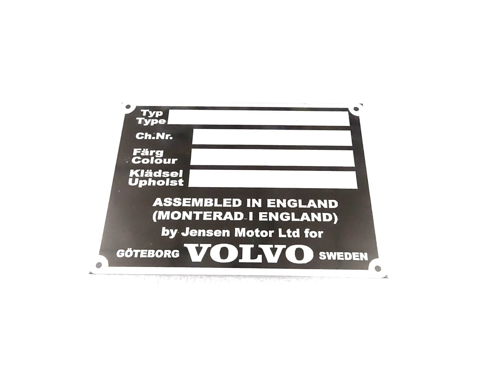 DATA PLATE FOR EARLY VINTAGE VOLVO JENSEN P 1800 #V394-8