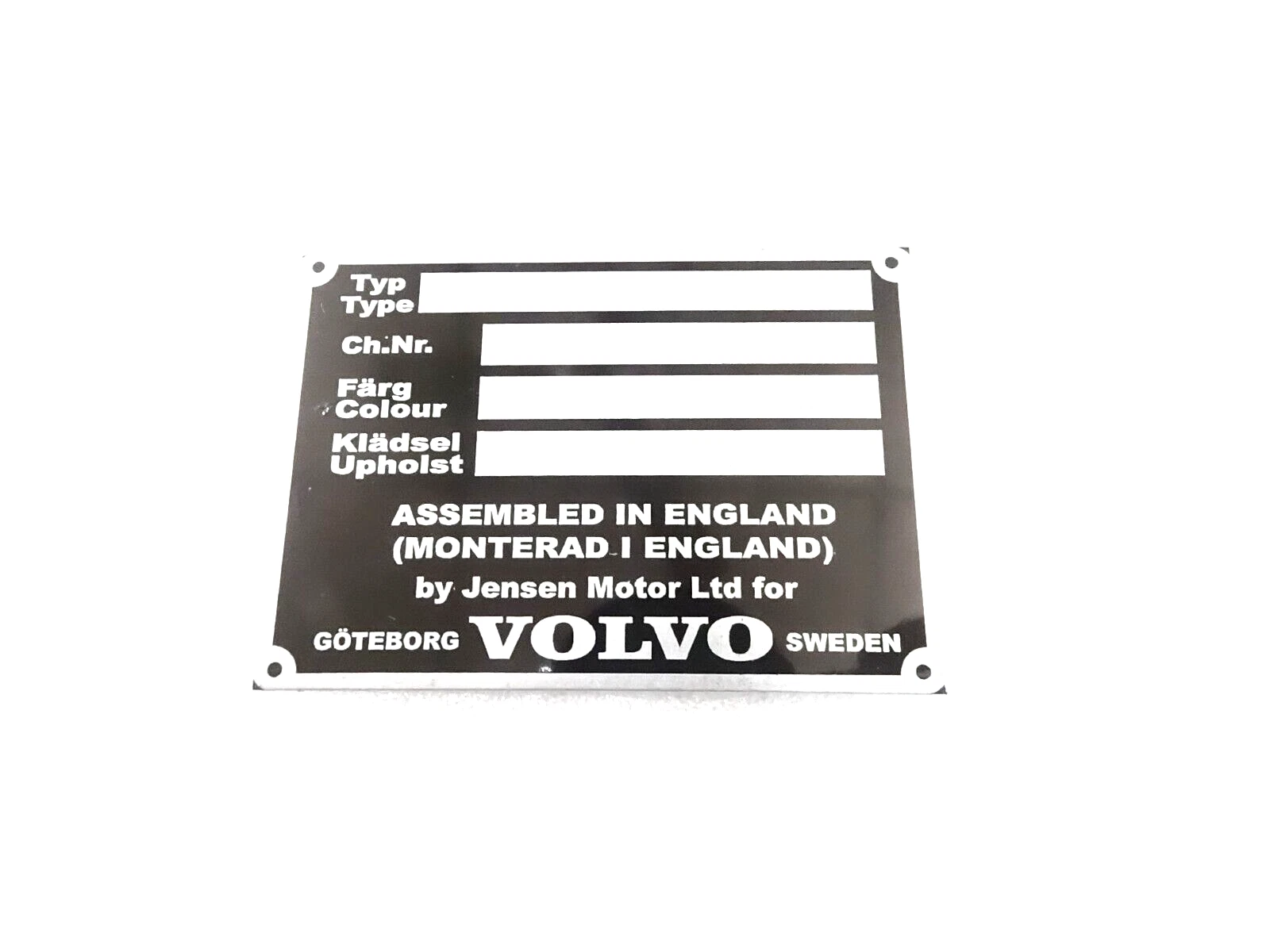 DATA PLATE FOR EARLY VINTAGE VOLVO JENSEN P 1800 #V394-8