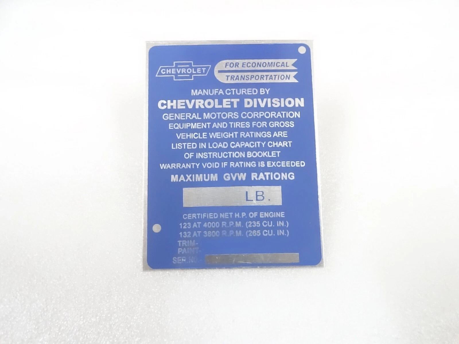 DATA PLATE FITS TO VINTAGE CHEVY PICKUP TRUCK 1947-50 #V197-7