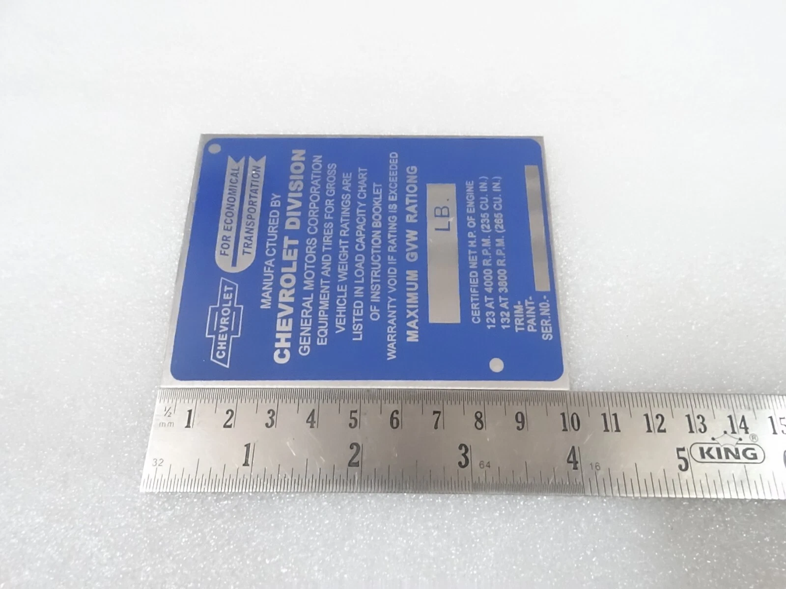 DATA PLATE FITS TO VINTAGE CHEVY PICKUP TRUCK 1947-50 #V197-7