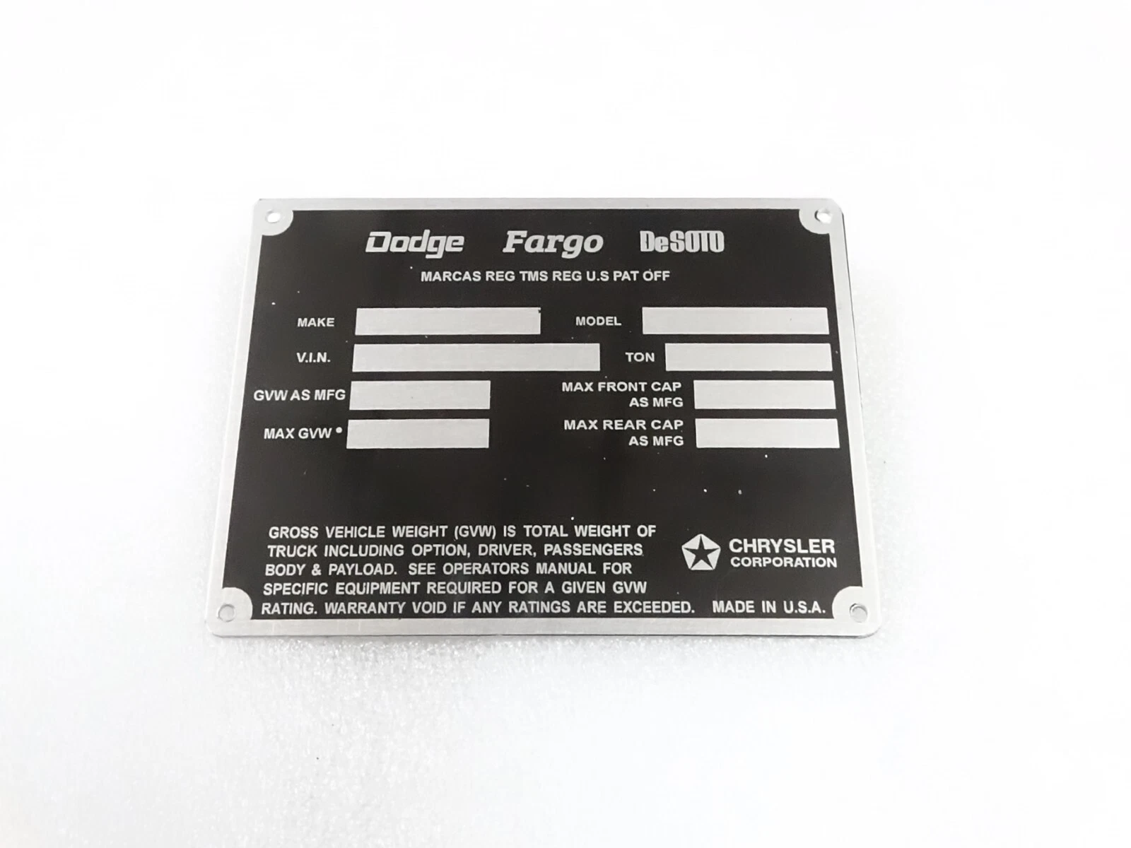 DATA PLATE FOR DODGE FARGO DeSOTO POWER WAGON TRUCKS 1972-73 #V309-8
