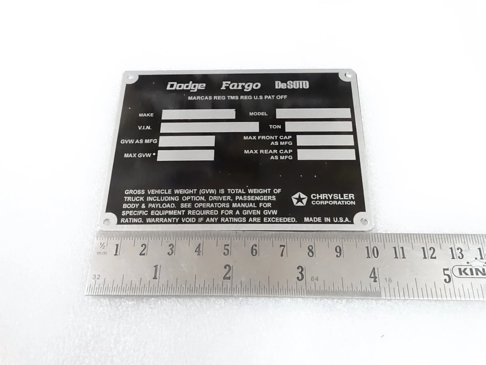DATA PLATE FOR DODGE FARGO DeSOTO POWER WAGON TRUCKS 1972-73 #V309-8