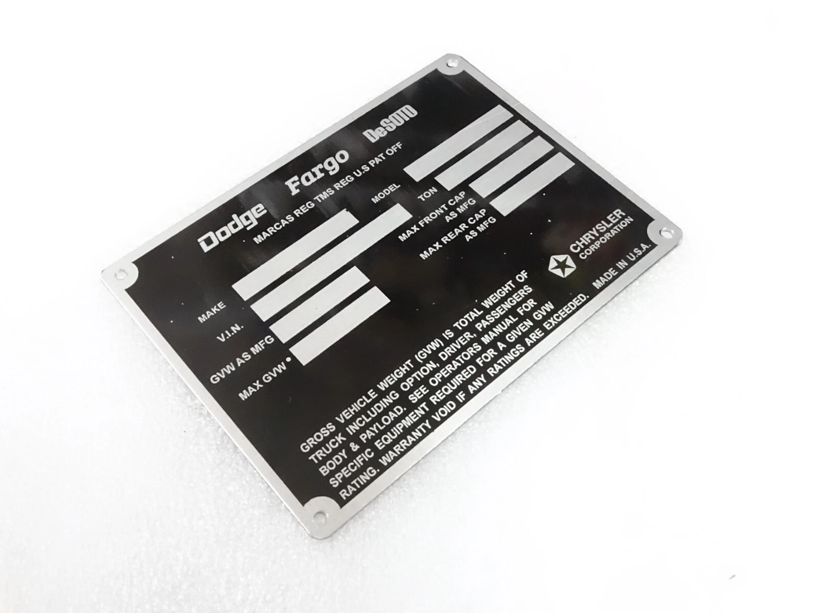 DATA PLATE FOR DODGE FARGO DeSOTO POWER WAGON TRUCKS 1972-73 #V309-8