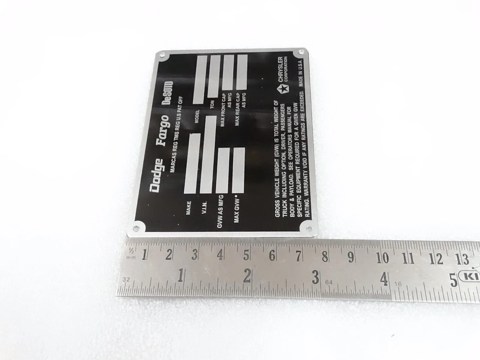 DATA PLATE FOR DODGE FARGO DeSOTO POWER WAGON TRUCKS 1972-73 #V309-8