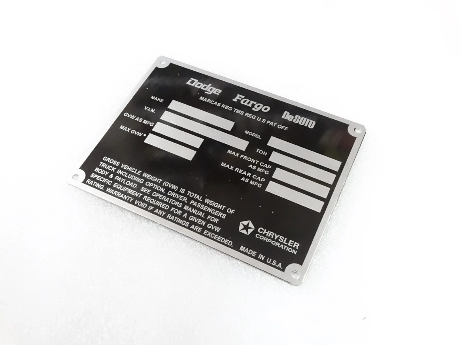 DATA PLATE FOR DODGE FARGO DeSOTO POWER WAGON TRUCKS 1972-73 #V309-8