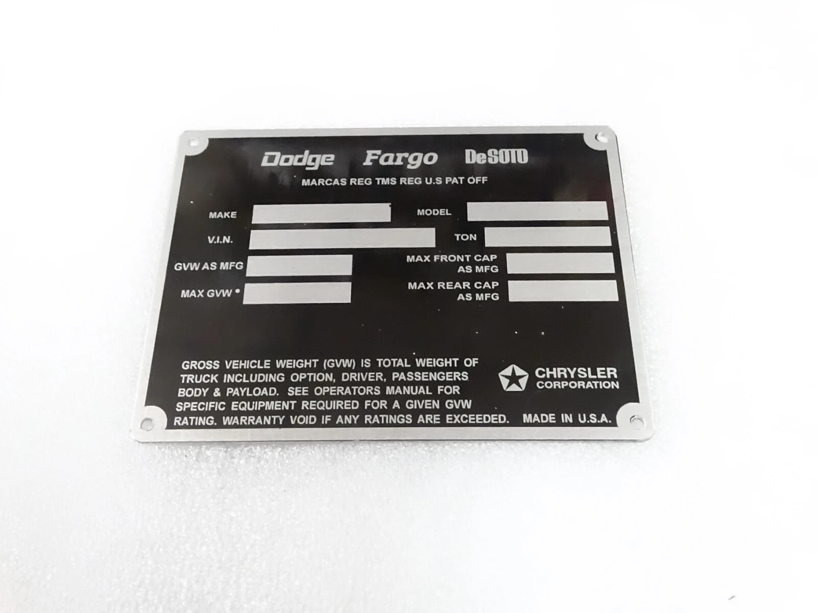 DATA PLATE FOR DODGE FARGO DeSOTO POWER WAGON TRUCKS 1972-73 #V309-8