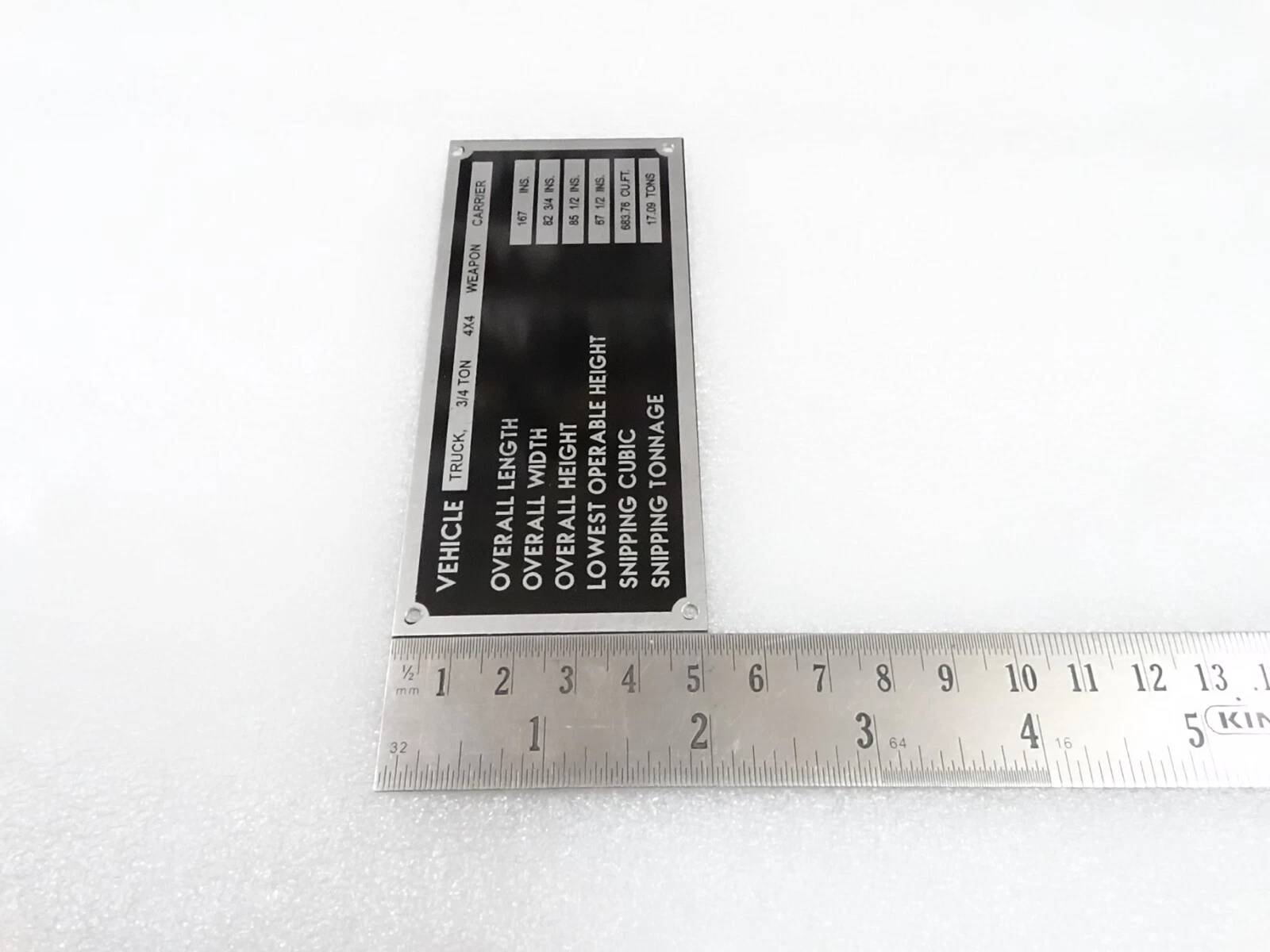 DATA PLATE FITS TO DODGE WC51 3/4 TON WEAPON CARRIER VEHICLE #V294-8