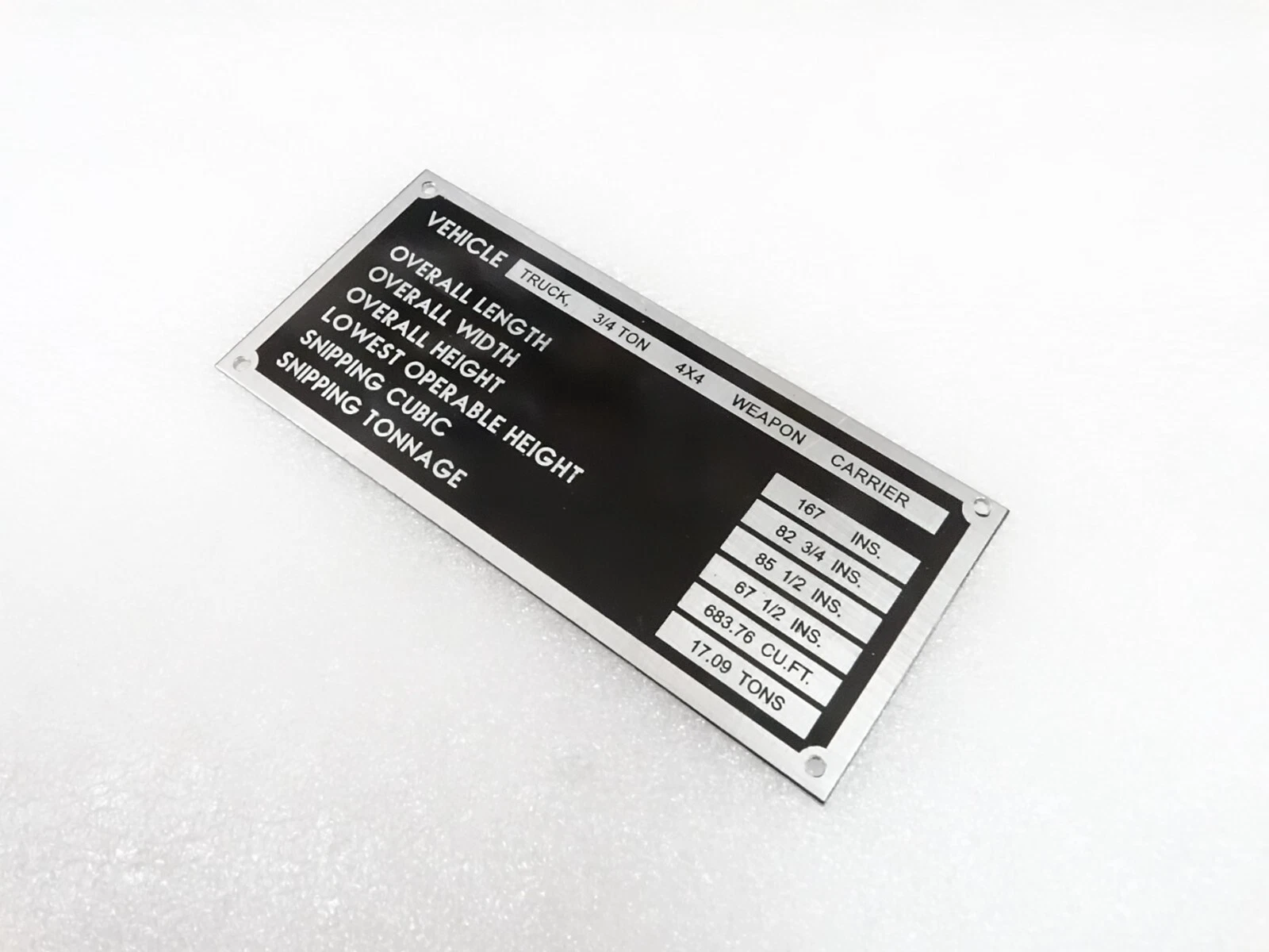 DATA PLATE FITS TO DODGE WC51 3/4 TON WEAPON CARRIER VEHICLE #V294-8