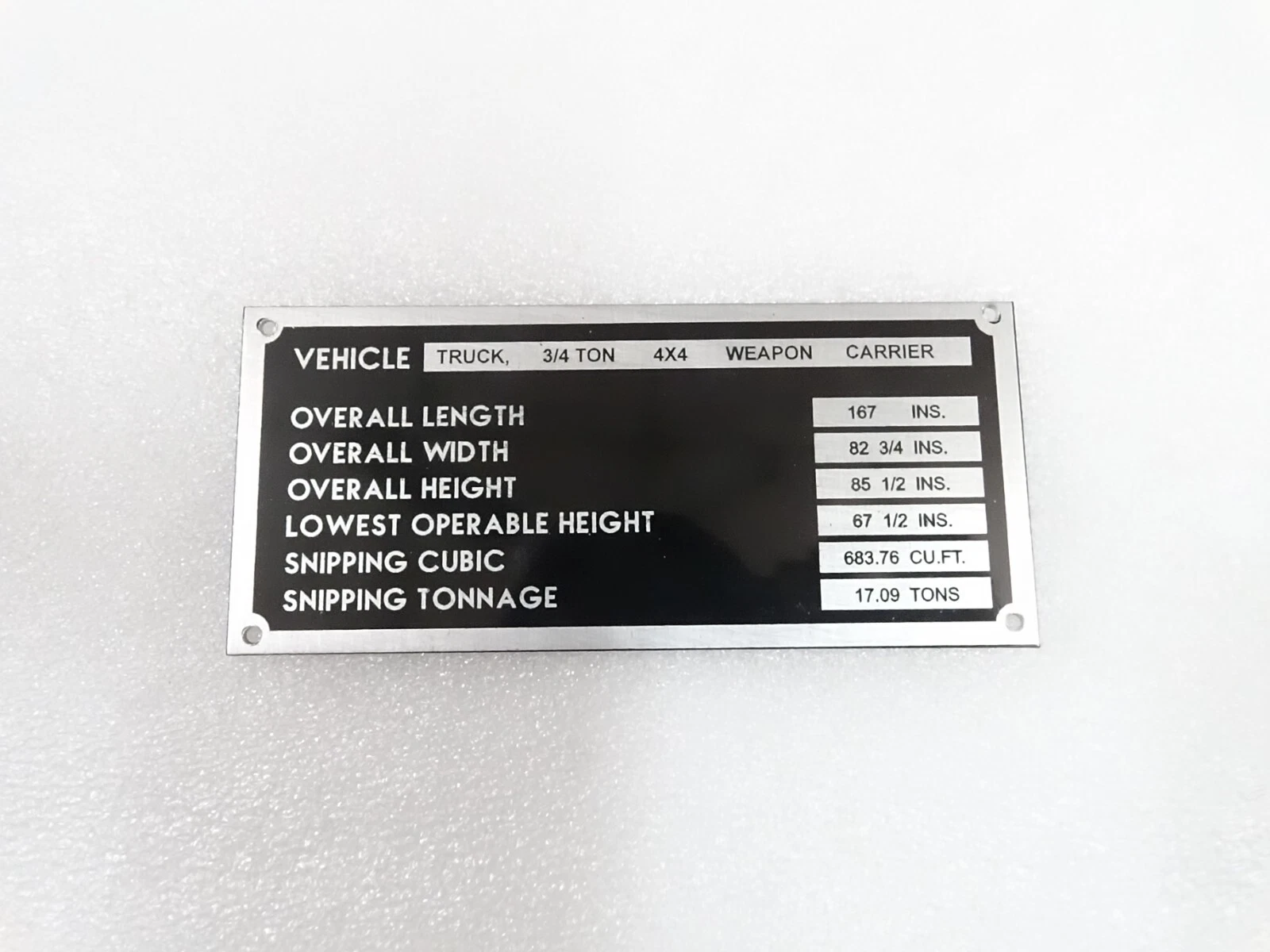 DATA PLATE FITS TO DODGE WC51 3/4 TON WEAPON CARRIER VEHICLE #V294-8