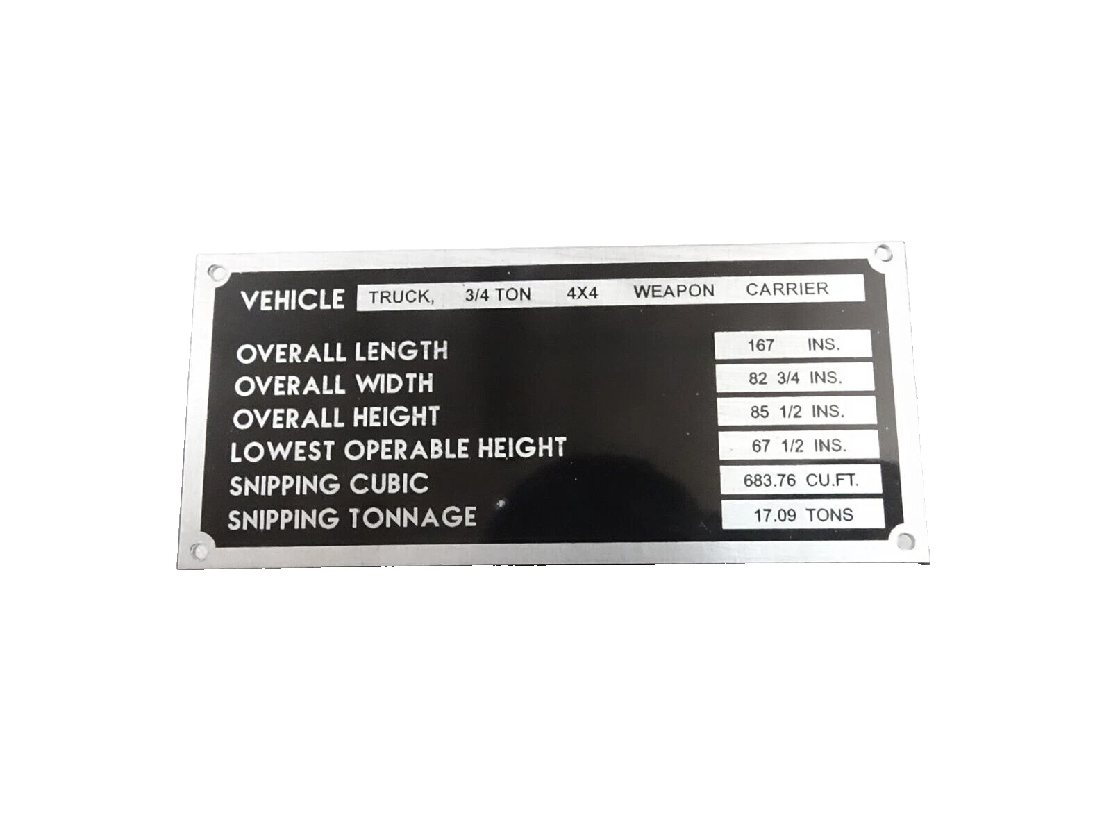 DATA PLATE FITS TO DODGE WC51 3/4 TON WEAPON CARRIER VEHICLE #V294-8