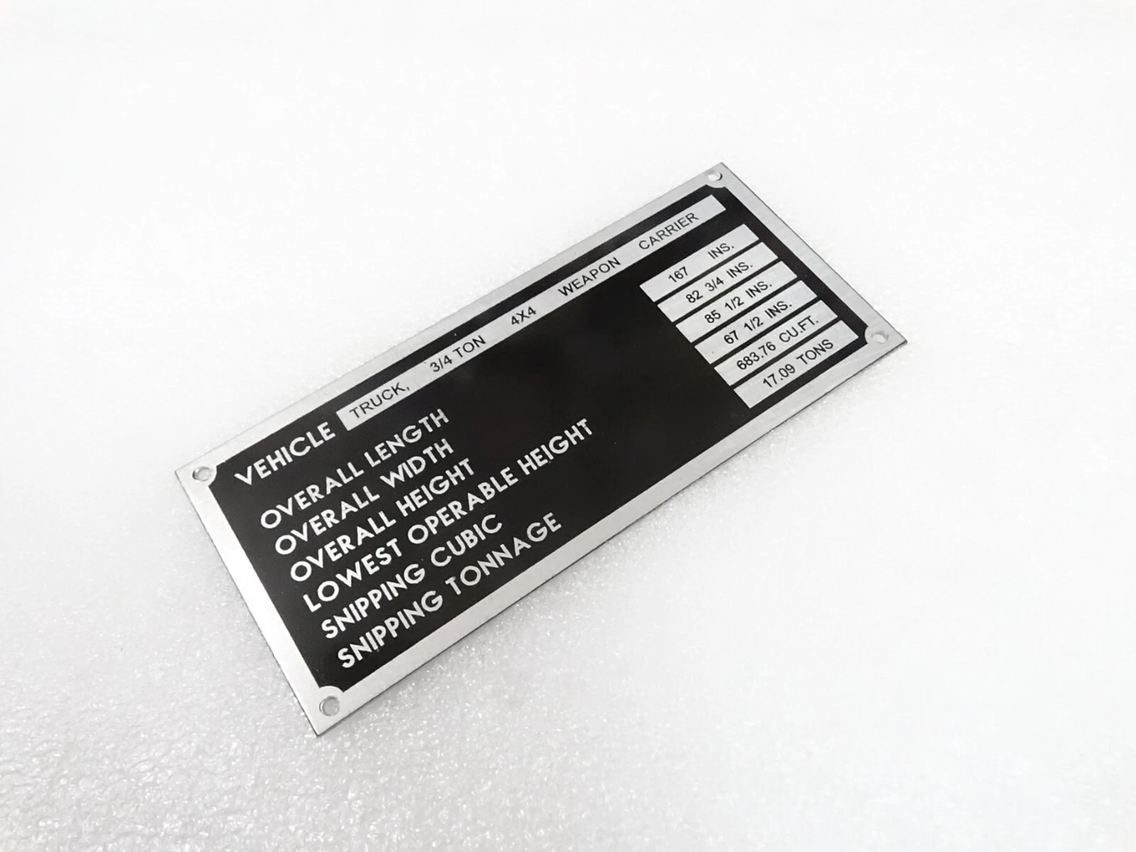 DATA PLATE FITS TO DODGE WC51 3/4 TON WEAPON CARRIER VEHICLE #V294-8