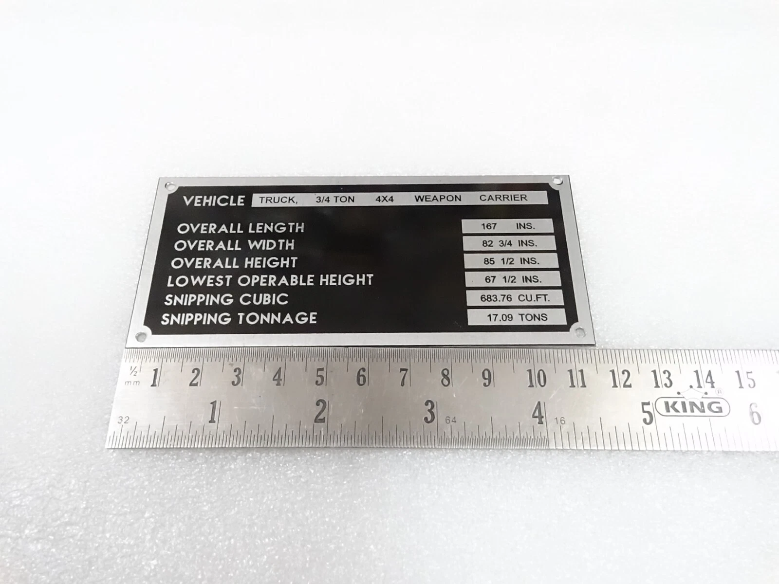 DATA PLATE FITS TO DODGE WC51 3/4 TON WEAPON CARRIER VEHICLE #V294-8