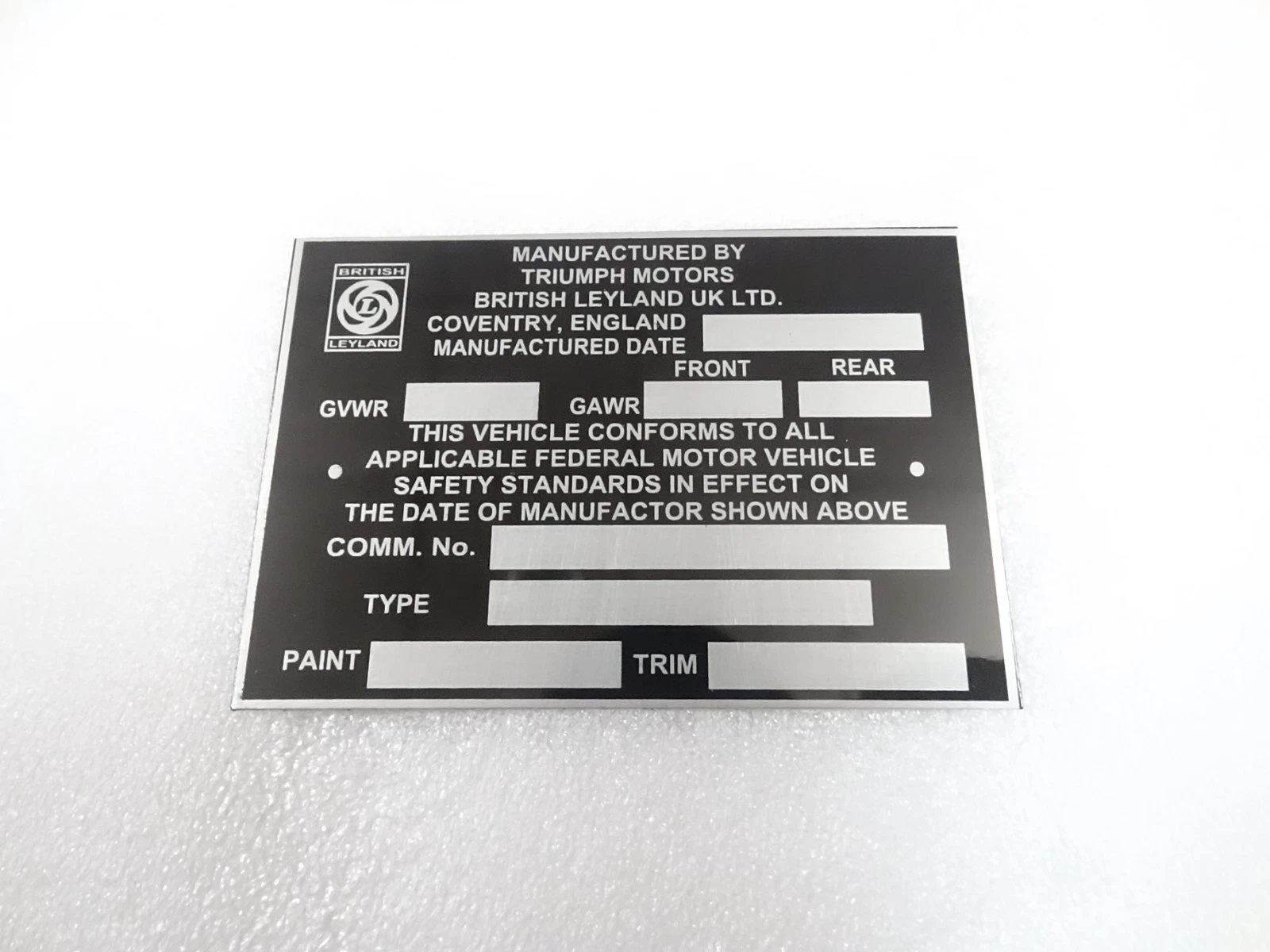 DATA PLATE FITS TO TRIUMPH BRITISH LEYLAND MOTORS #V493-8