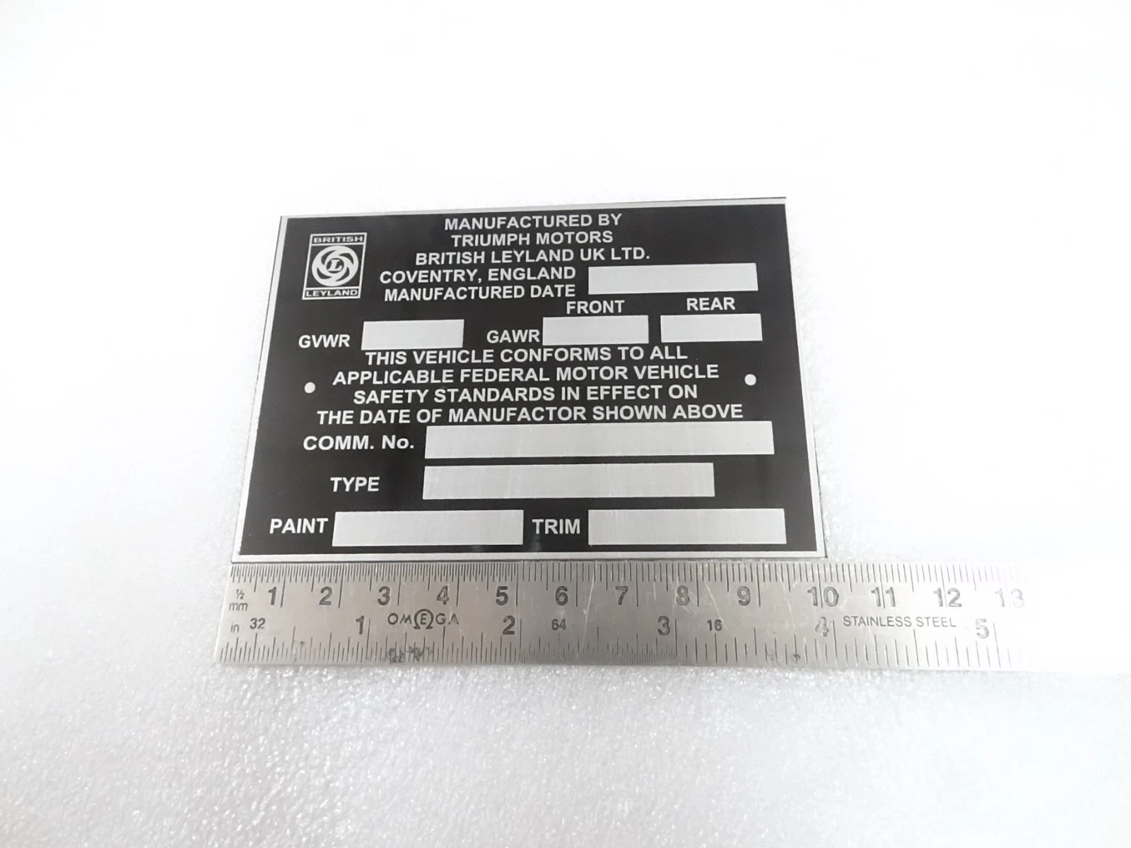 DATA PLATE FITS TO TRIUMPH BRITISH LEYLAND MOTORS #V493-8