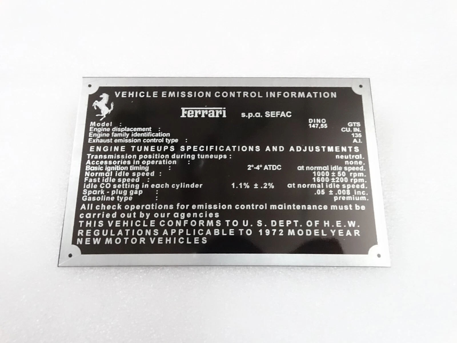 DATA PLATE FITS TO FERRARI EMISSION CONTROL MAINTENANCE TUNEUP SPECIFICATIONS