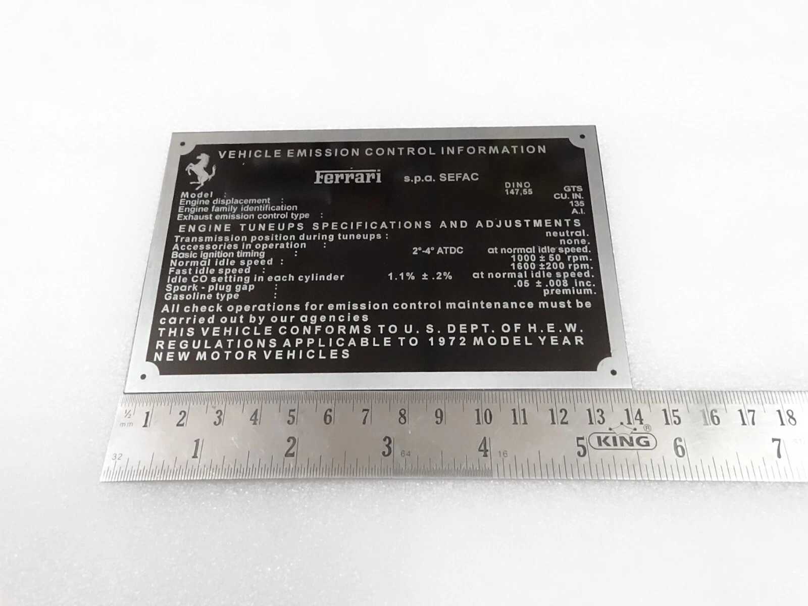 DATA PLATE FITS TO FERRARI EMISSION CONTROL MAINTENANCE TUNEUP SPECIFICATIONS