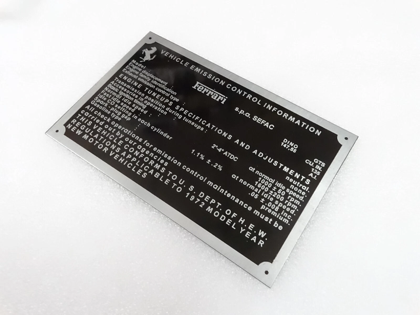 DATA PLATE FITS TO FERRARI EMISSION CONTROL MAINTENANCE TUNEUP SPECIFICATIONS