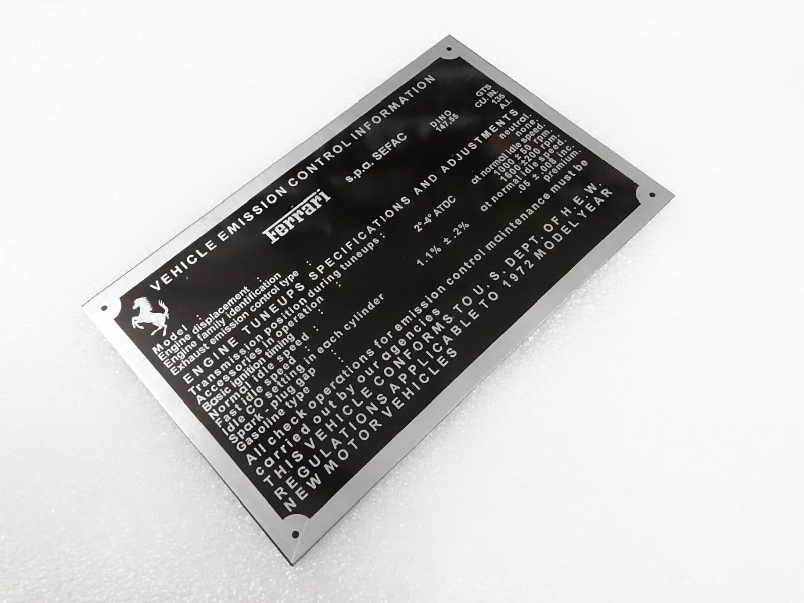 DATA PLATE FITS TO FERRARI EMISSION CONTROL MAINTENANCE TUNEUP SPECIFICATIONS
