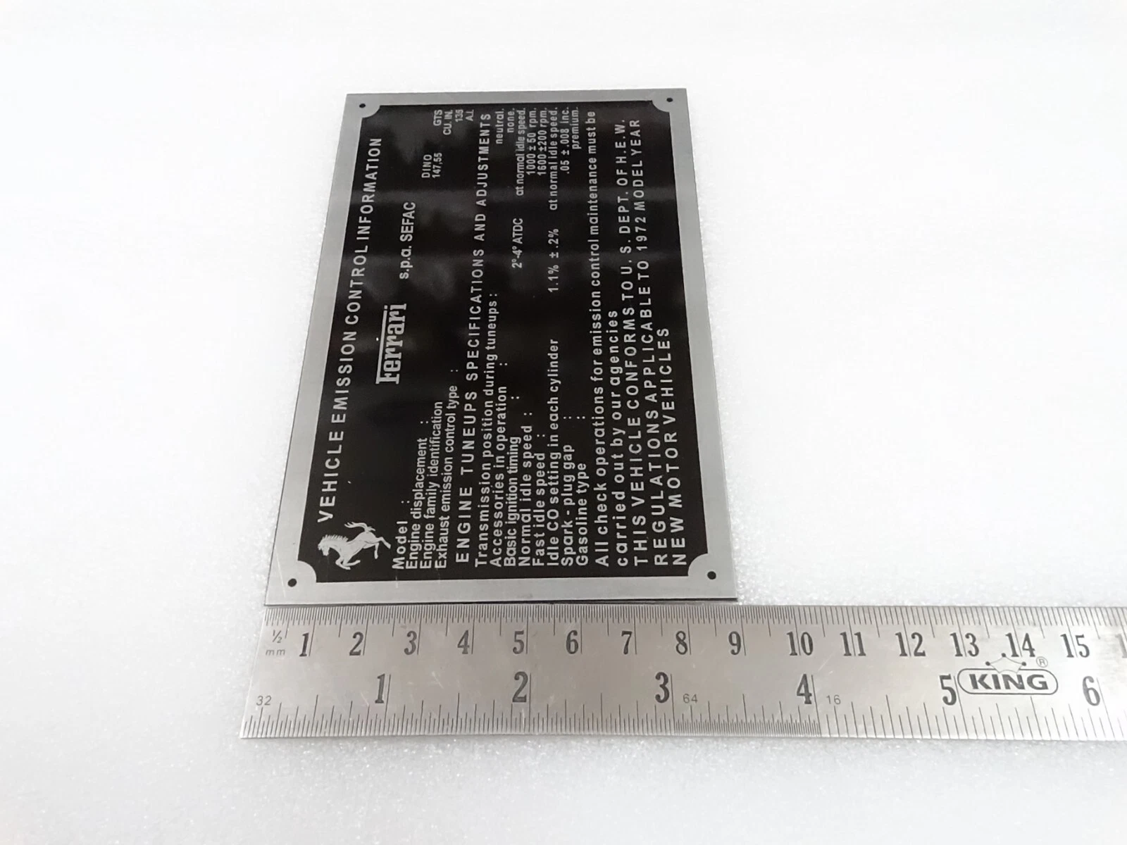 DATA PLATE FITS TO FERRARI EMISSION CONTROL MAINTENANCE TUNEUP SPECIFICATIONS