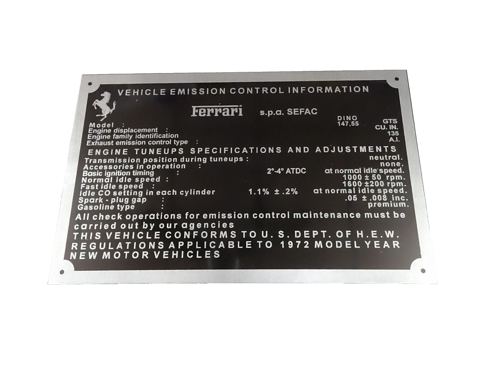 DATA PLATE FITS TO FERRARI EMISSION CONTROL MAINTENANCE TUNEUP SPECIFICATIONS