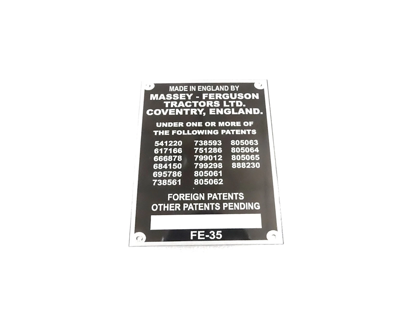 DATA PLATE (COMMISSION ) FITS TO MASSEY FERGUSON TRACTOR ENGLAND FE35 35X 1958-6