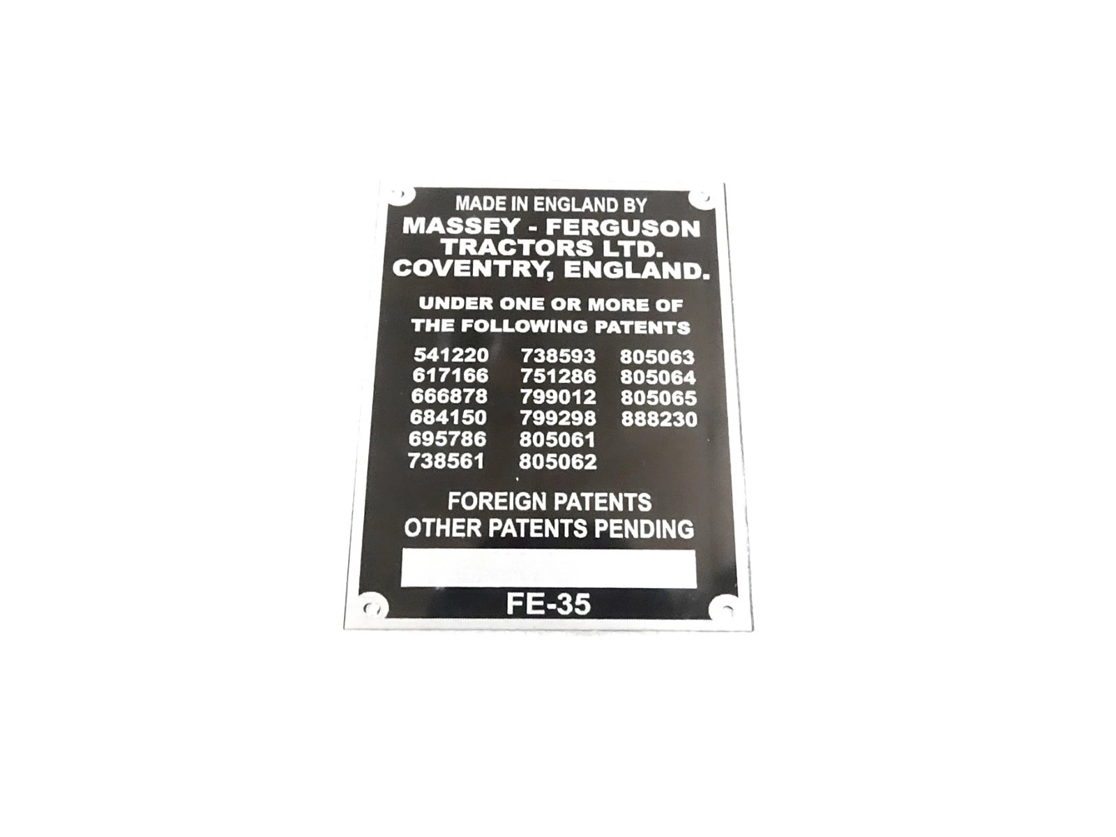 DATA PLATE (COMMISSION ) FITS TO MASSEY FERGUSON TRACTOR ENGLAND FE35 35X 1958-6