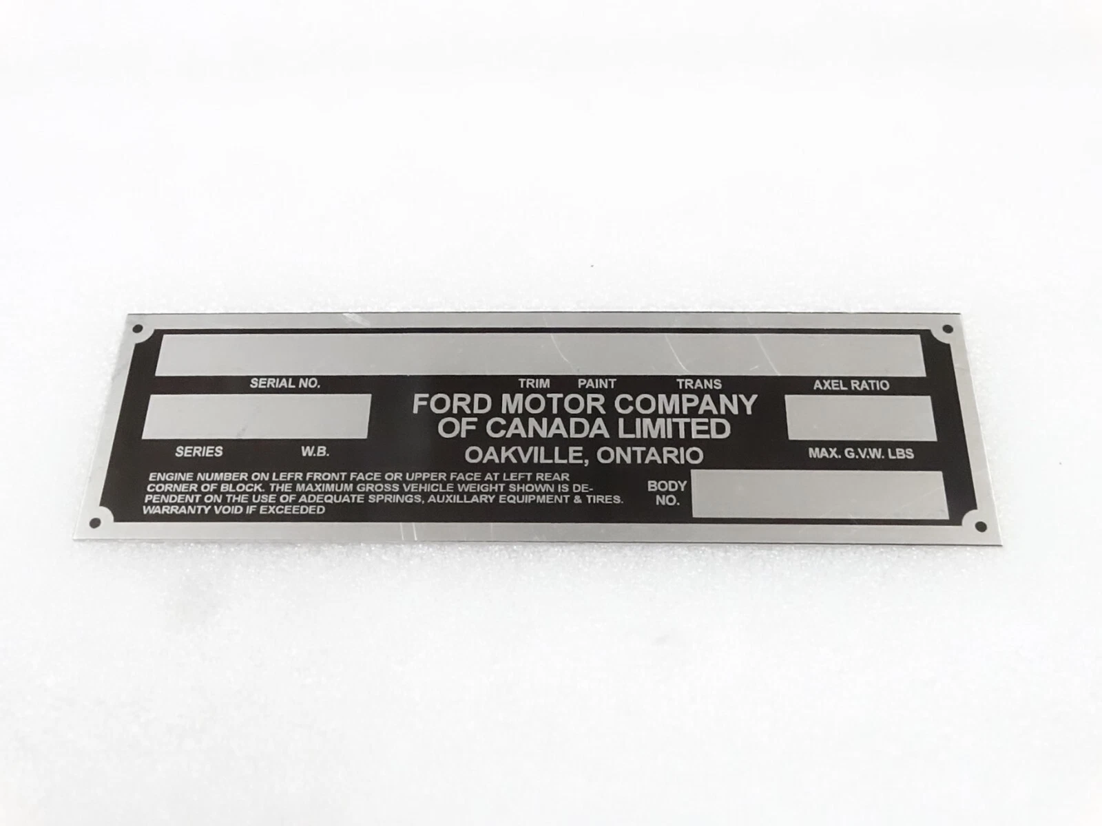 DATA PLATE FOR VINTAGE FORD PICKUP AND MERCURY CANADA #V251-7