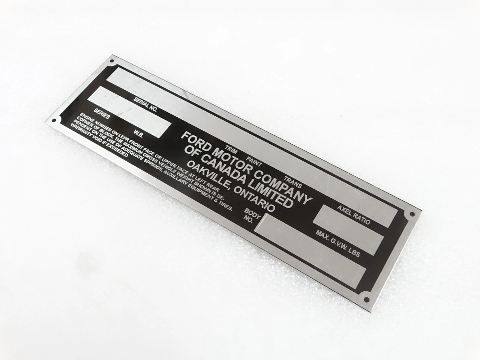 DATA PLATE FOR VINTAGE FORD PICKUP AND MERCURY CANADA #V251-7
