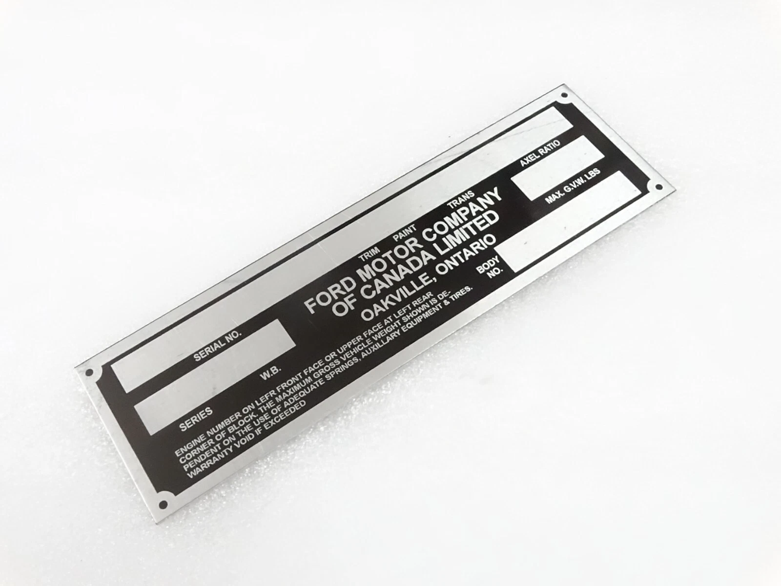 DATA PLATE FOR VINTAGE FORD PICKUP AND MERCURY CANADA #V251-7