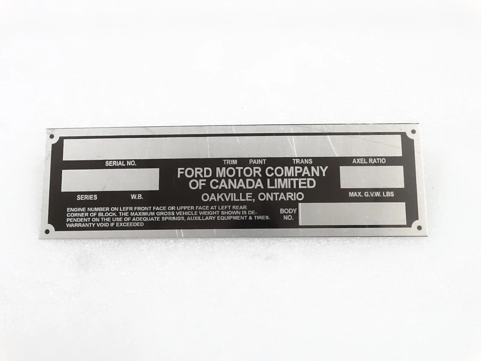 DATA PLATE FOR VINTAGE FORD PICKUP AND MERCURY CANADA #V251-7