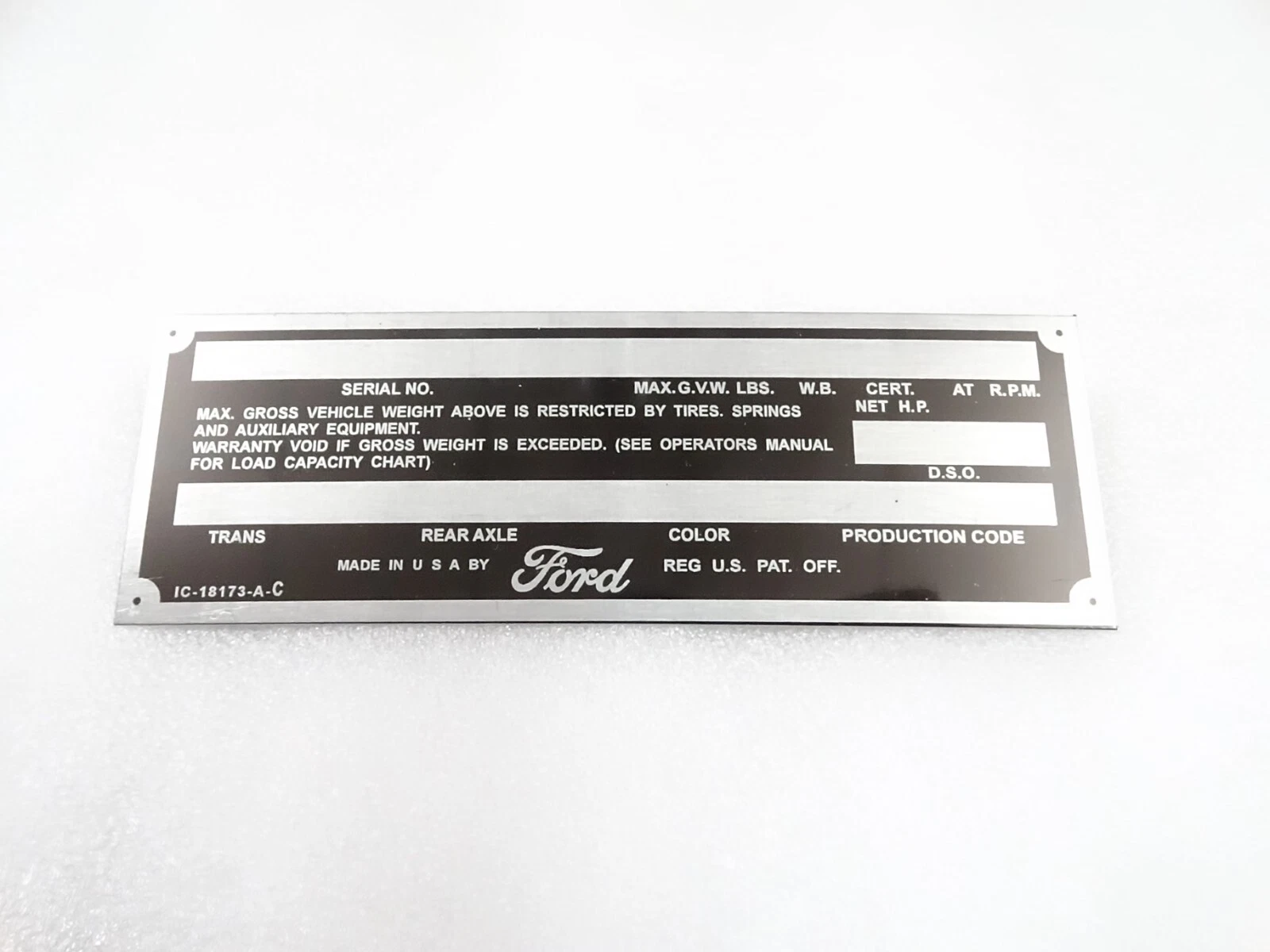 DATA PLATE FOR VINTAGE FORD TRUCK F100 1950'S #V280-8