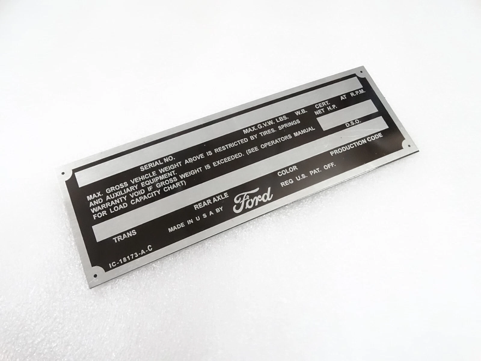 DATA PLATE FOR VINTAGE FORD TRUCK F100 1950'S #V280-8