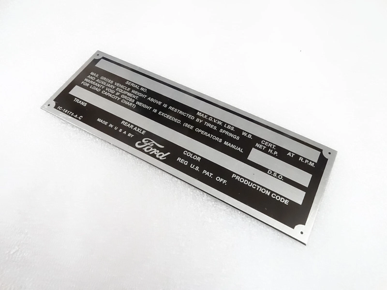 DATA PLATE FOR VINTAGE FORD TRUCK F100 1950'S #V280-8