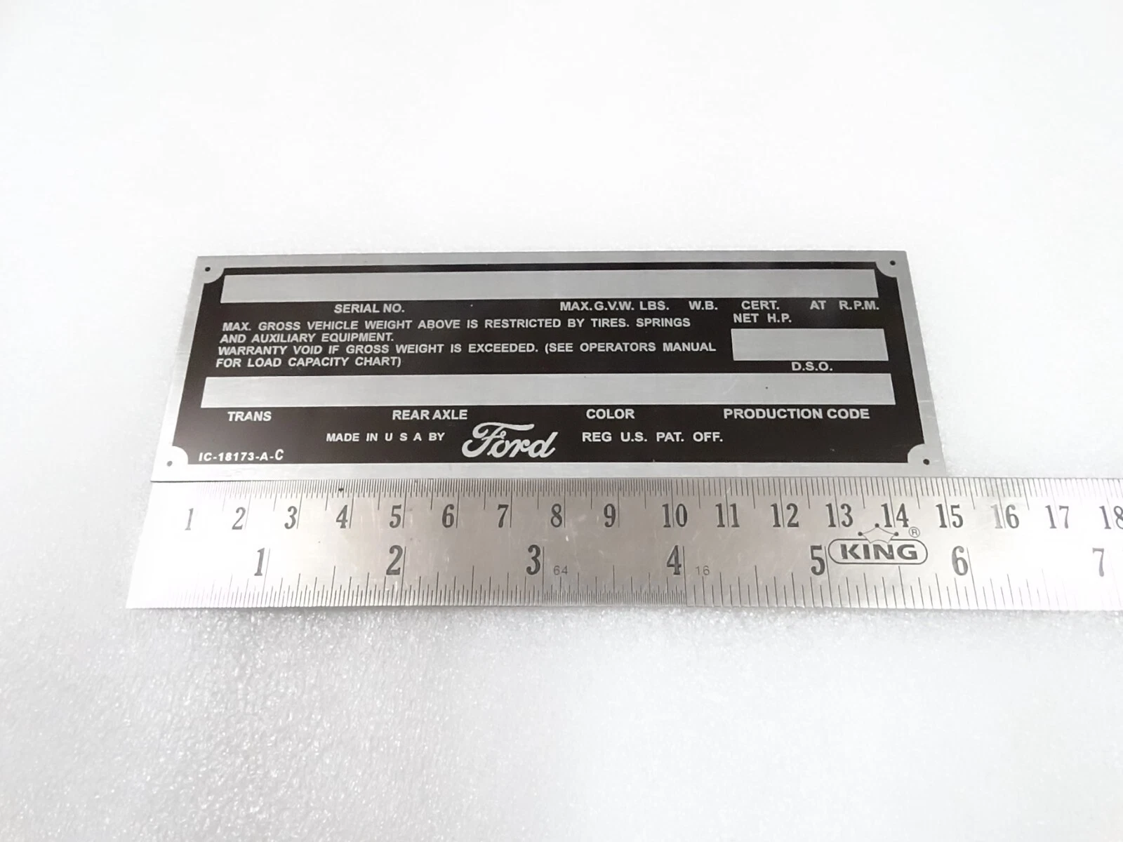 DATA PLATE FOR VINTAGE FORD TRUCK F100 1950'S #V280-8