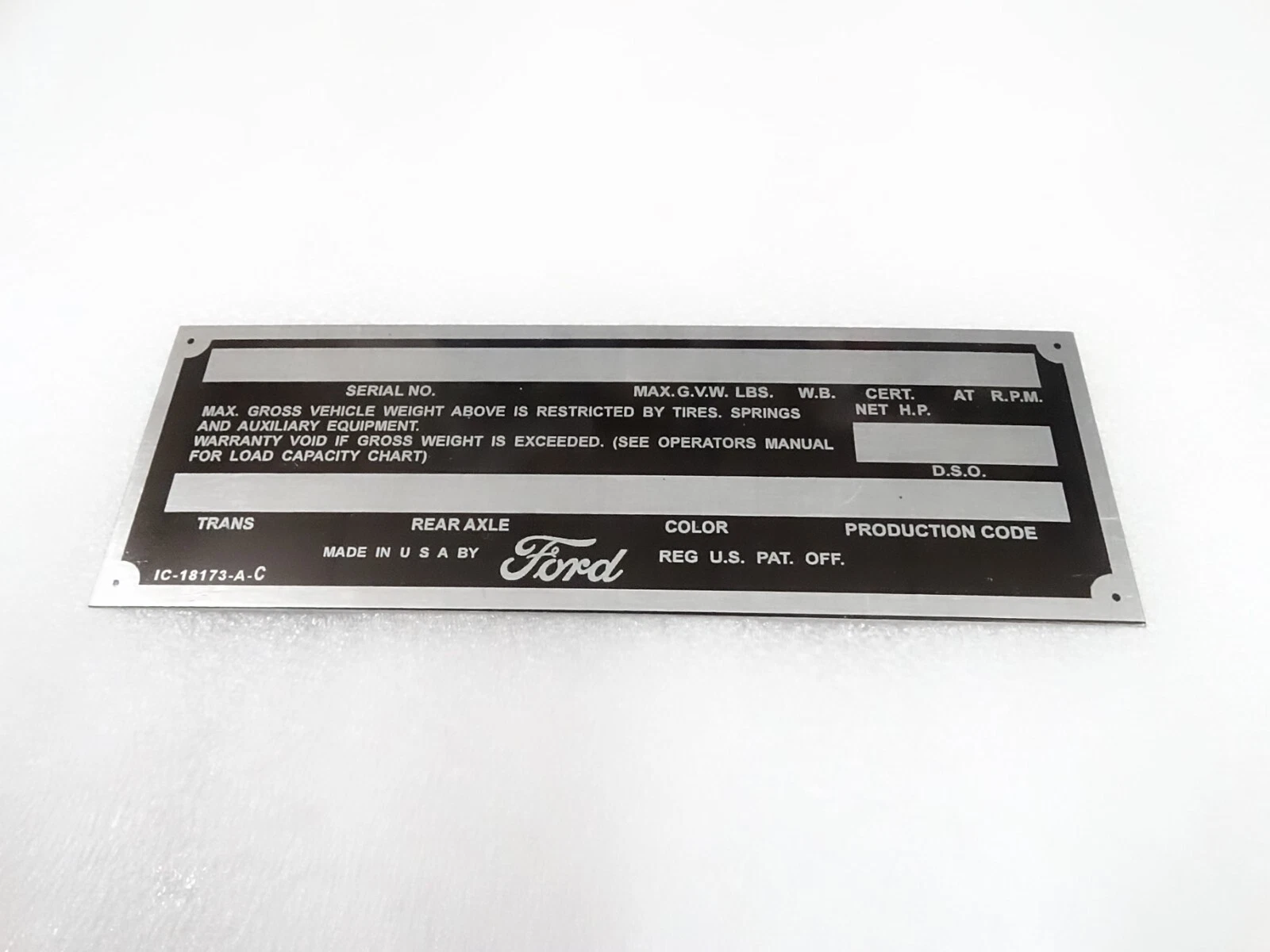 DATA PLATE FOR VINTAGE FORD TRUCK F100 1950'S #V280-8