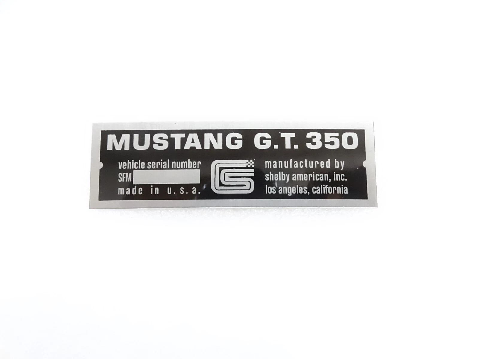 DATA PLATE FOR VINTAGE MUSTANG GT 350 CARROLL SHELBY #V290-8