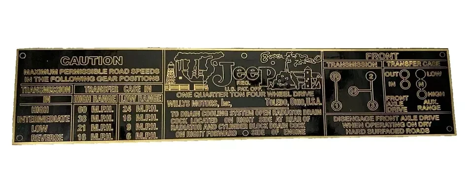 BRASS TRANSMISSION DATA PLATE SUITABLE FOR WILLYS JEEP CJ2A CJ3A CJ3B JEEP #B566
