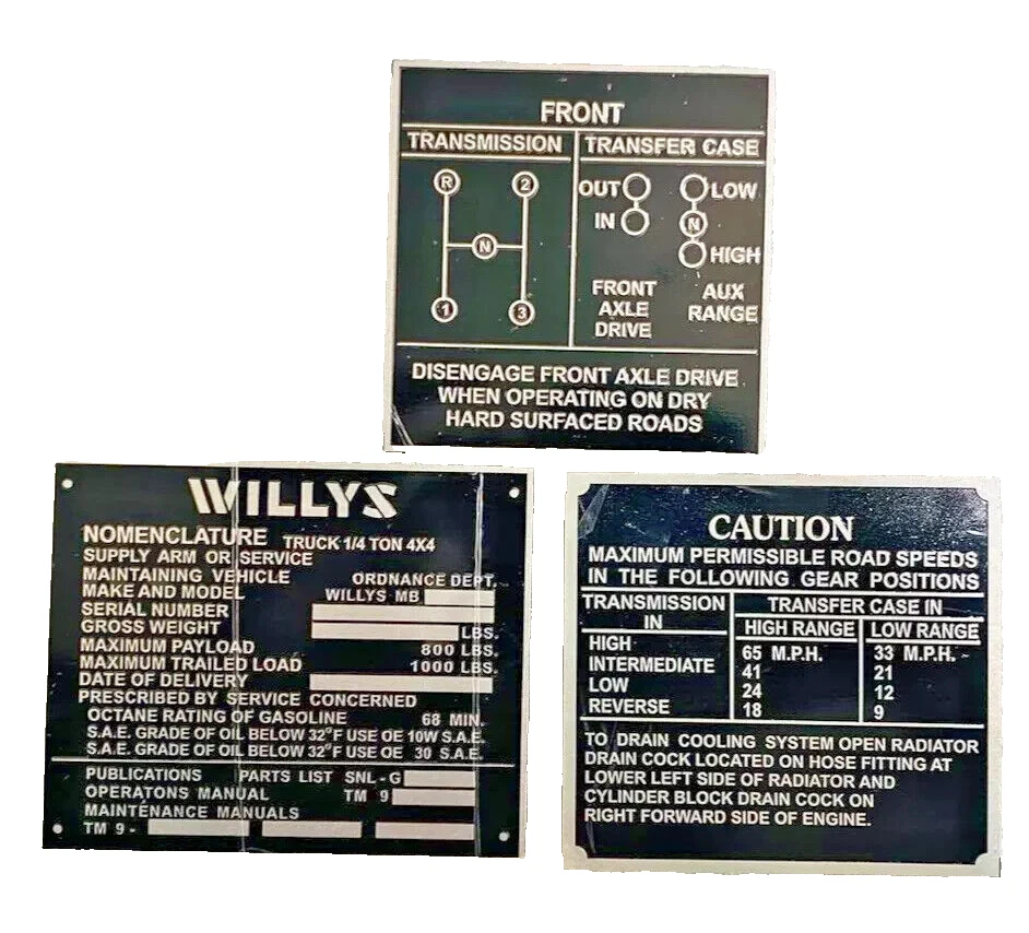 Fit For Jeeps Willys Ford CJ2A CJ3A CJ3 Aluminum Black Dash Data Plate Set Of