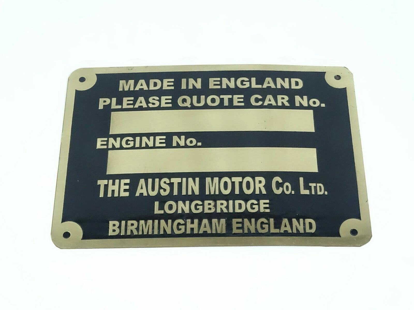 Vintage Car Austin Birmingham England Brass data Detailing plate