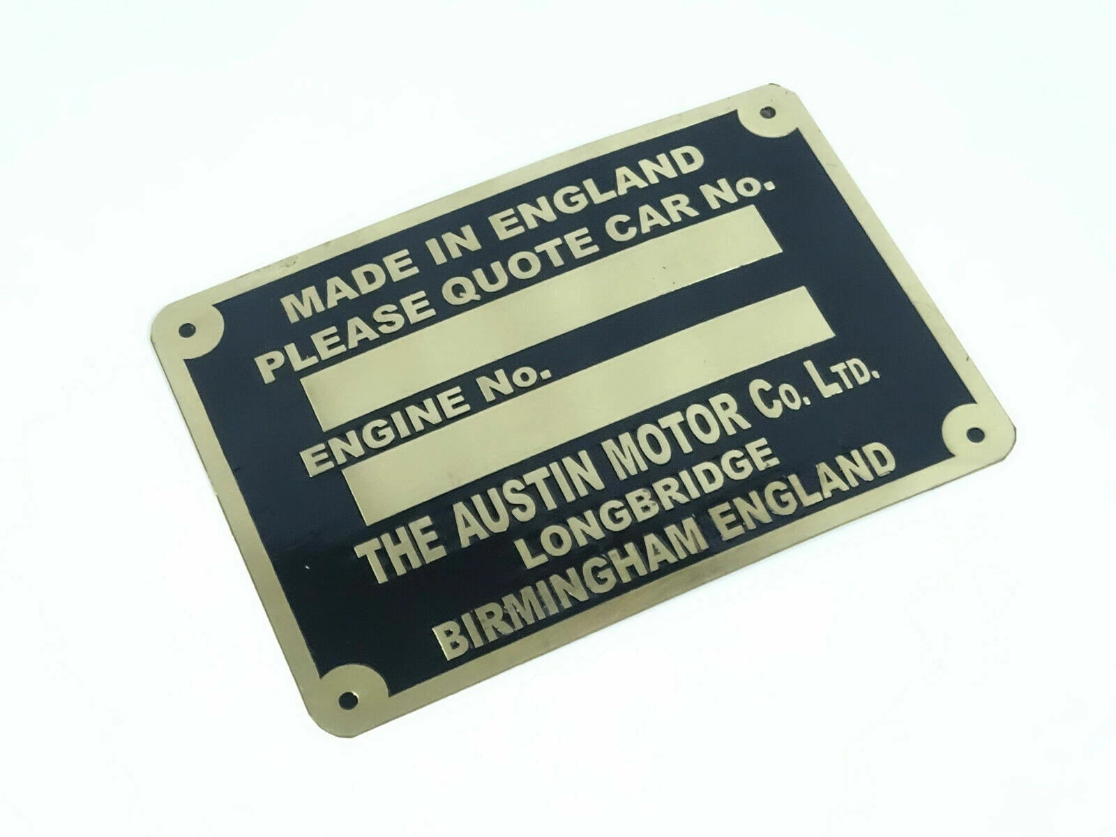 Vintage Car Austin Birmingham England Brass data Detailing plate