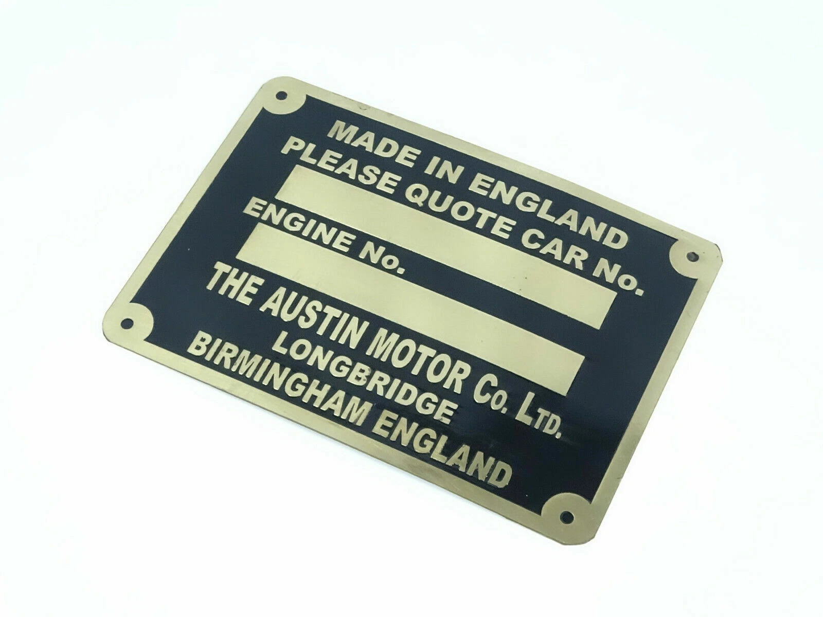 Vintage Car Austin Birmingham England Brass data Detailing plate