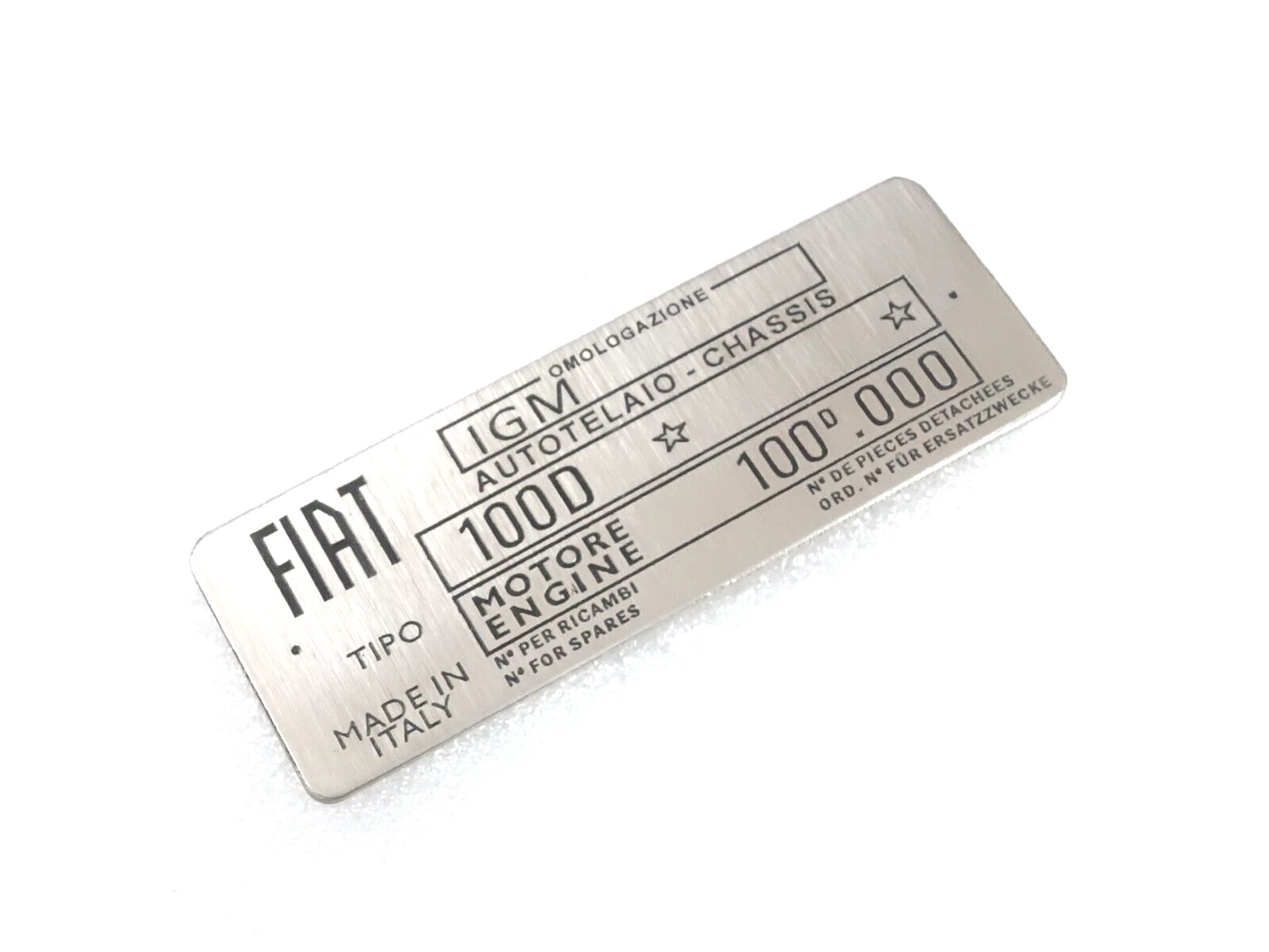 DATA PLATE FOR VINTAGE CLASSIC FIAT 100D 1100 CAR (STAINLESS STEEL) #V378-8
