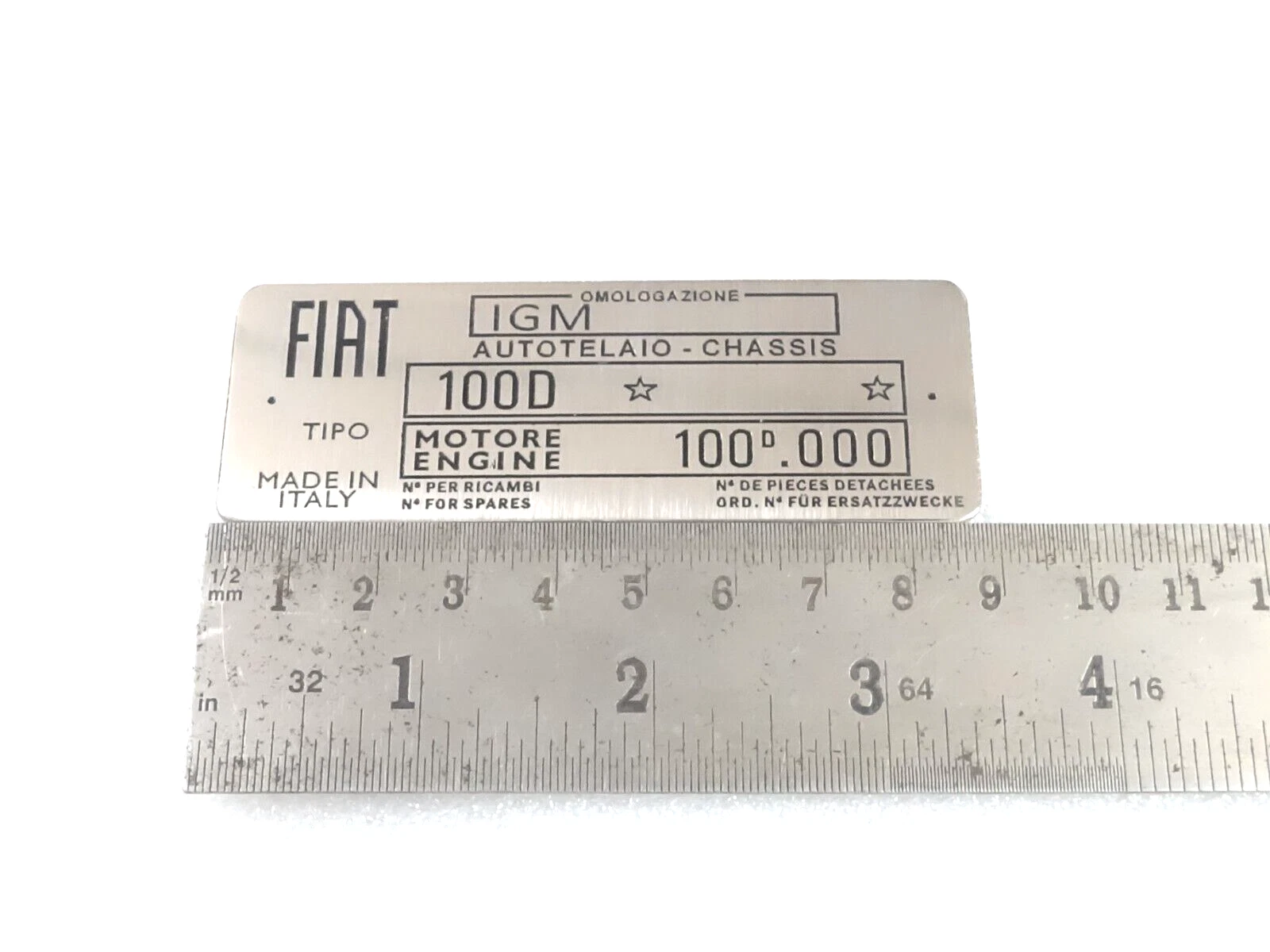 DATA PLATE FOR VINTAGE CLASSIC FIAT 100D 1100 CAR (STAINLESS STEEL) #V378-8