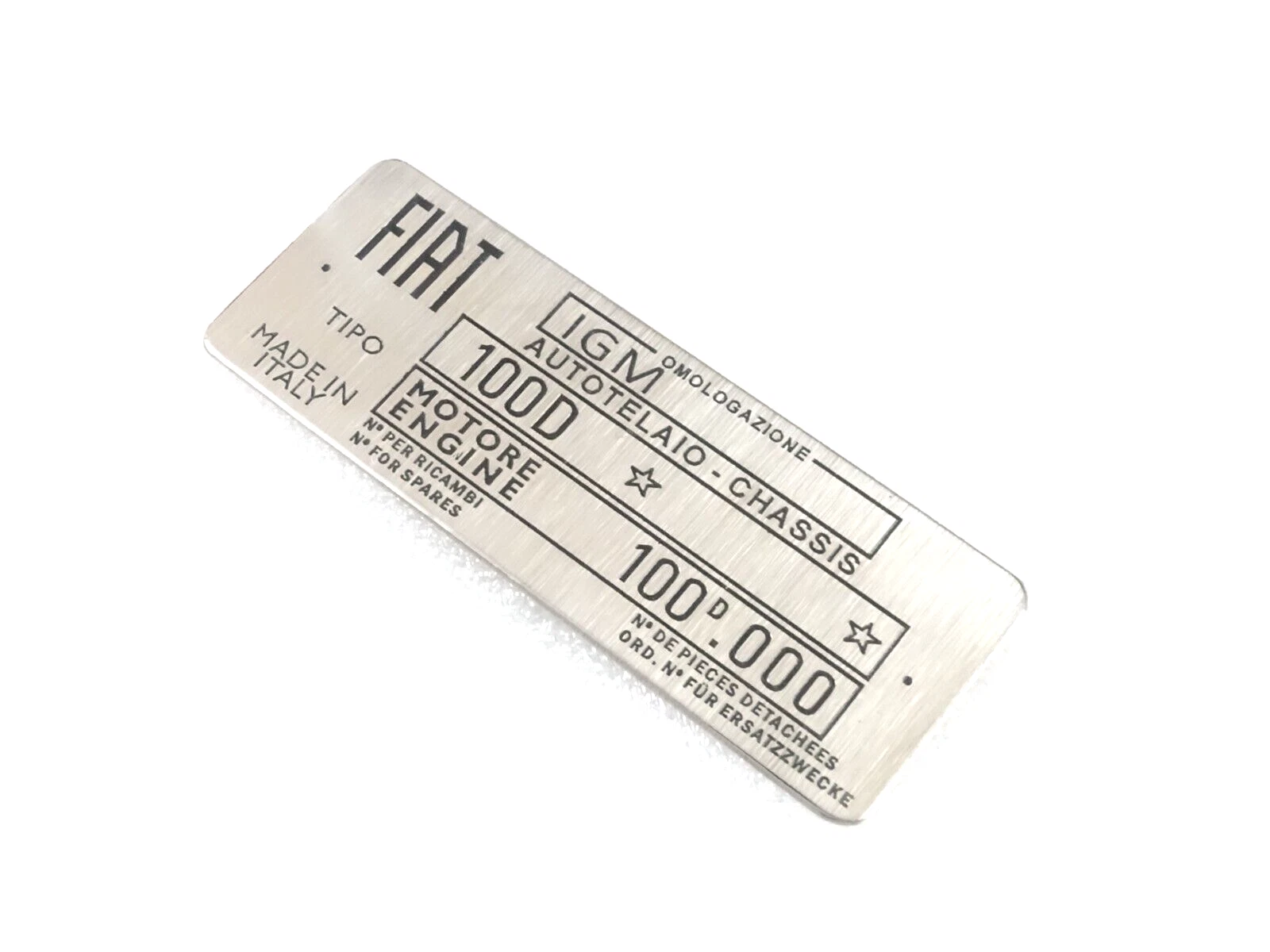 DATA PLATE FOR VINTAGE CLASSIC FIAT 100D 1100 CAR (STAINLESS STEEL) #V378-8