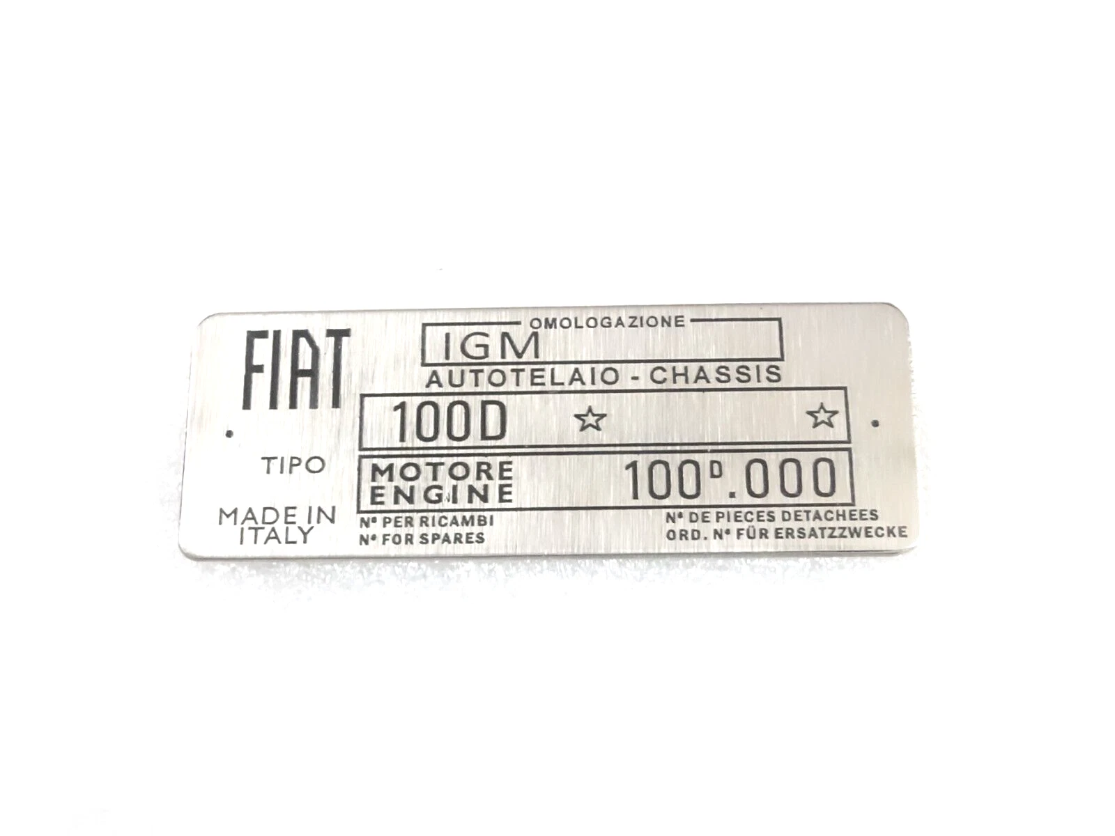 DATA PLATE FOR VINTAGE CLASSIC FIAT 100D 1100 CAR (STAINLESS STEEL) #V378-8