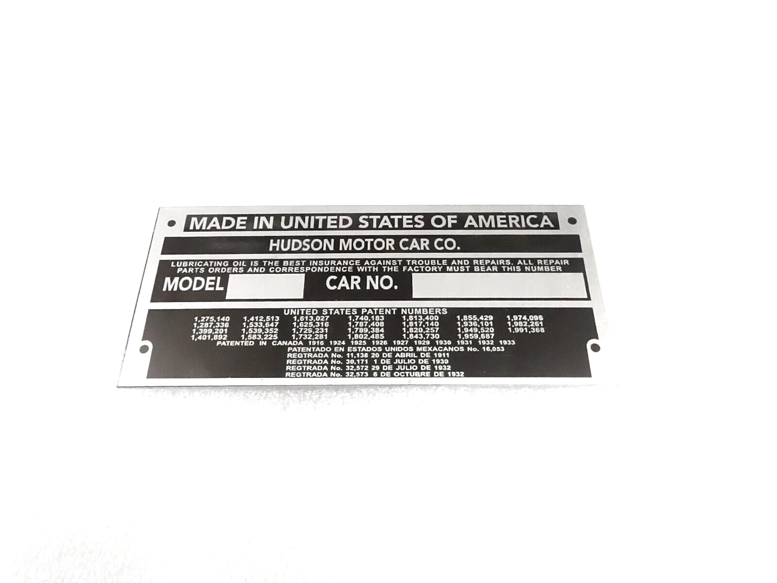 DATA PLATE FITS TO VINTAGE EARLY TERRAPLANE HUDSON CARS 1934-36 #V392-8