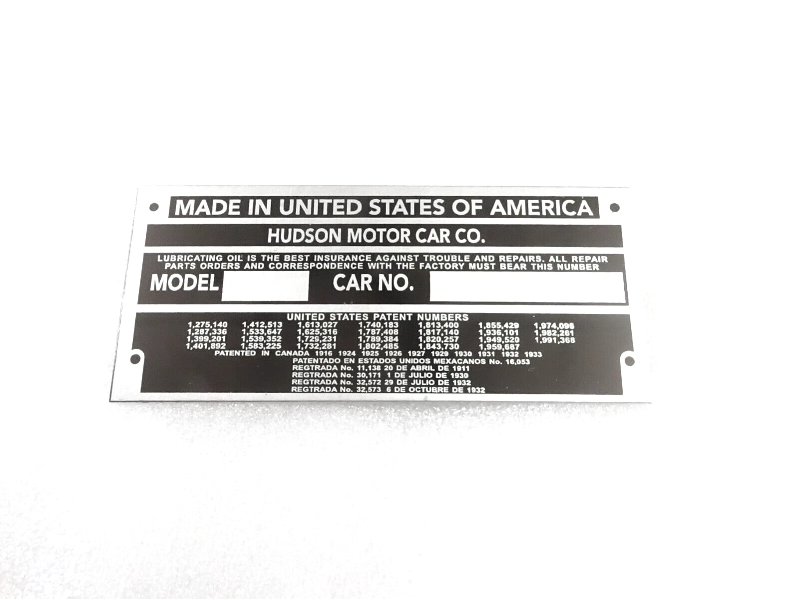 DATA PLATE FITS TO VINTAGE EARLY TERRAPLANE HUDSON CARS 1934-36 #V392-8