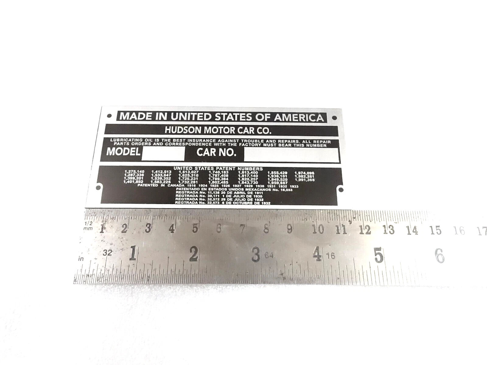 DATA PLATE FITS TO VINTAGE EARLY TERRAPLANE HUDSON CARS 1934-36 #V392-8