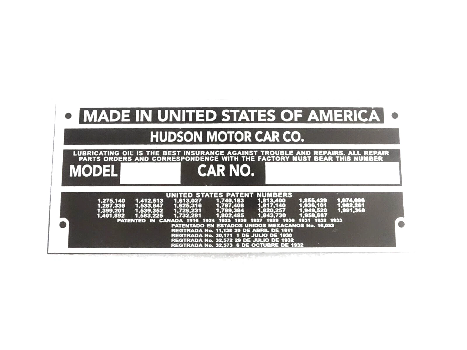 DATA PLATE FITS TO VINTAGE EARLY TERRAPLANE HUDSON CARS 1934-36 #V392-8